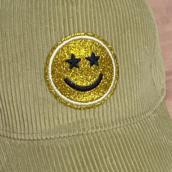 Tan Corduroy Baseball Cap W/ Gold Glitter Smiley Patch Adult Adjustable Strap - Picture 2 of 6